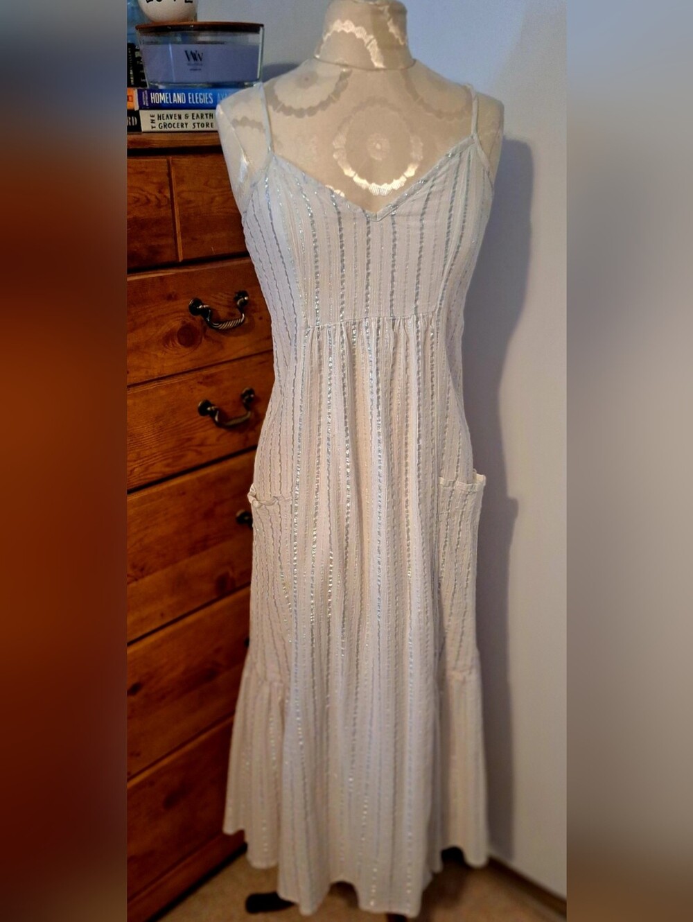 aerie White Sequin-Striped Spaghetti Strap Maxi Dress